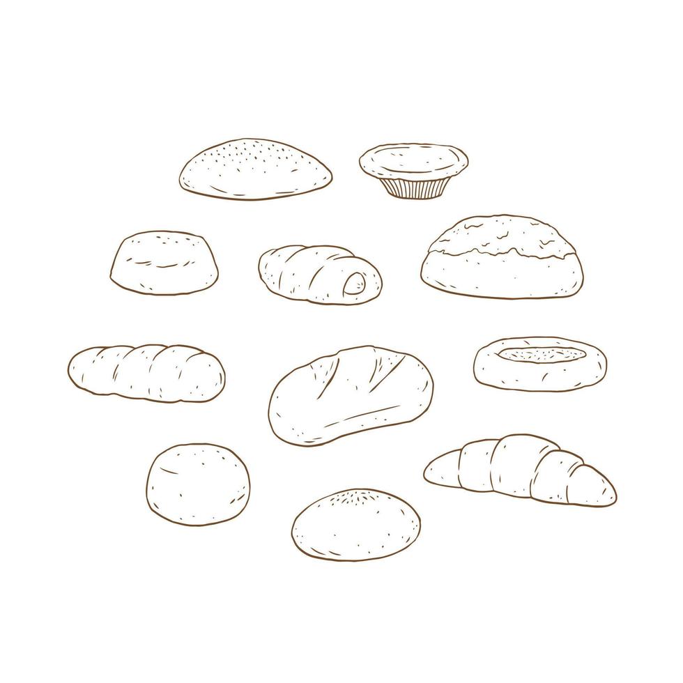 Set of bread and bakery product hand drawn vector illustration.