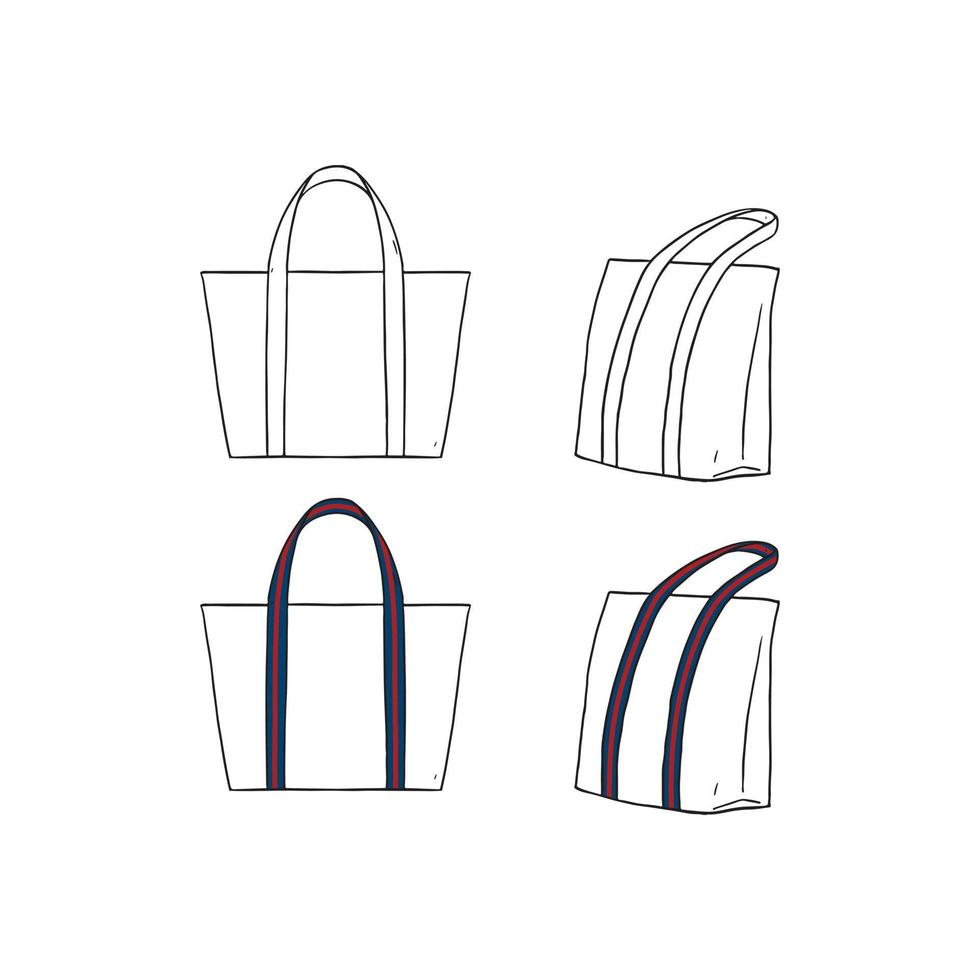 ilustración vectorial dibujada a mano de blanco en blanco con un bolso de mano con correas de rayas sobre fondo blanco. plantilla de tela bag.canvas shopping bags.mock up. vector
