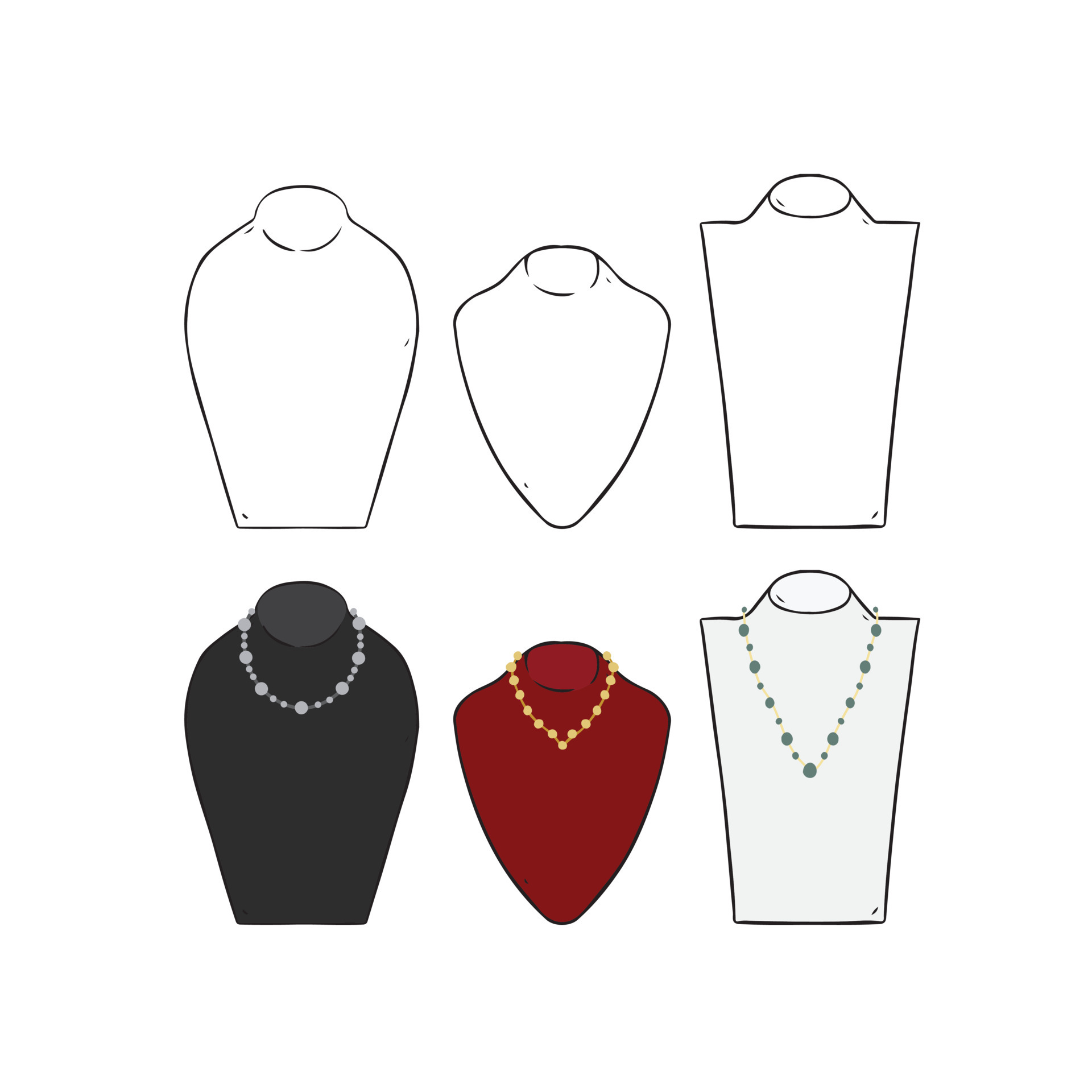 Hand drawn vector illustration of mannequin jewelry necklace display