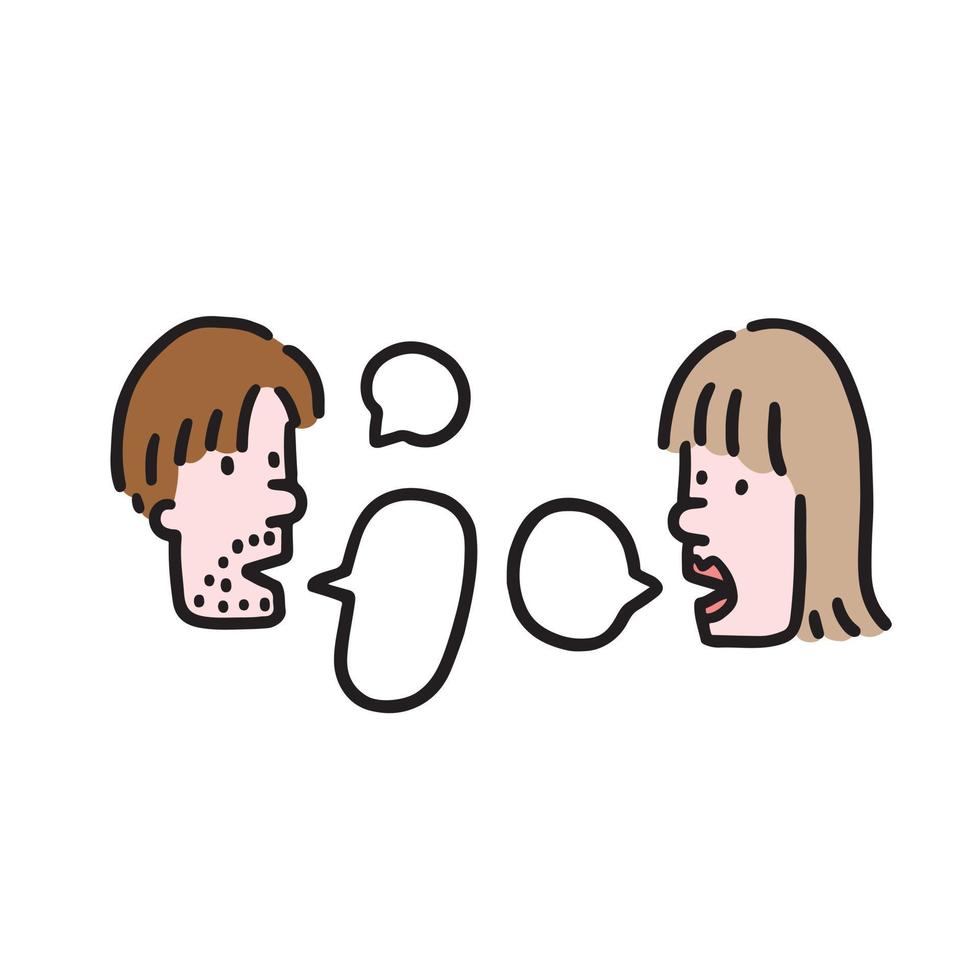 ilustración vectorial dibujada a mano de personas hablando en estilo de dibujos animados. pareja de hombres y mujeres hablando con burbujas de discurso vector