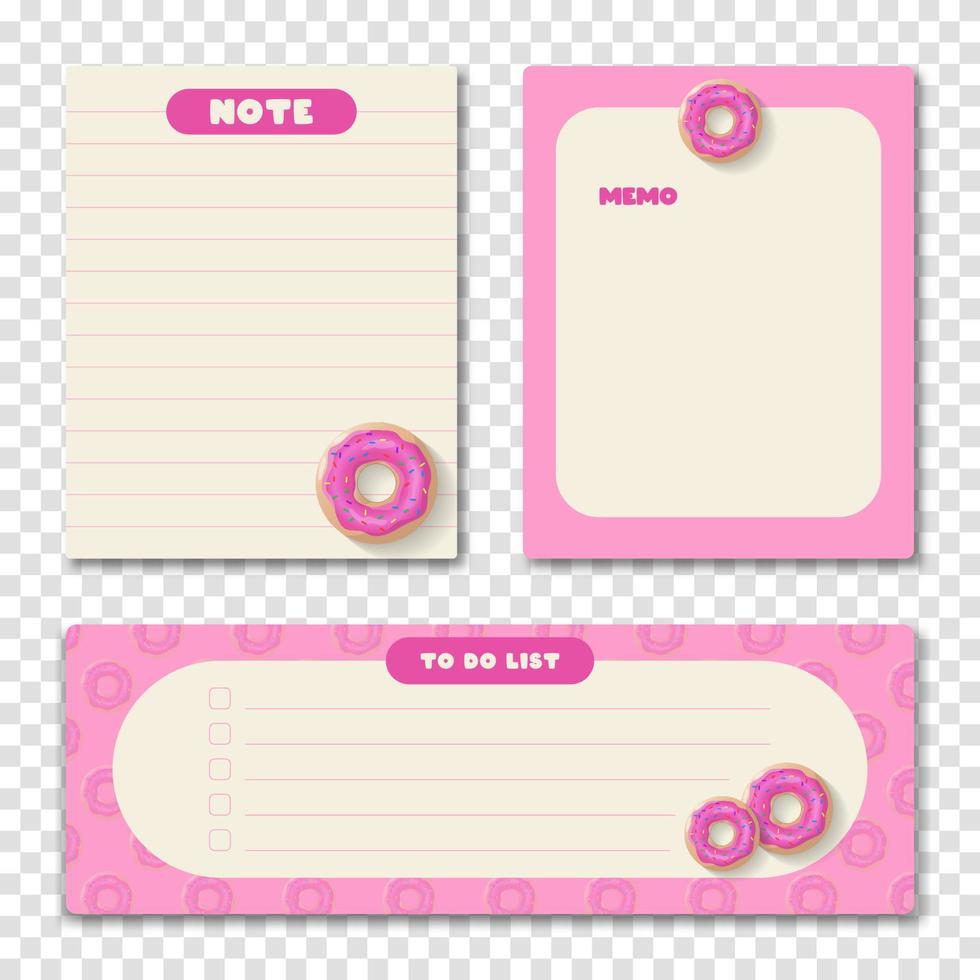 Cute memo template. A collection of striped notes, blank notebooks. Template for agenda, schedule, planners, checklists, notebooks, cards and other stationery. Vector illustration