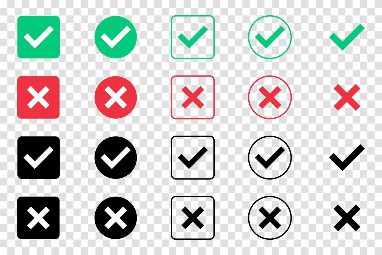 Green check mark and red cross mark icon set. Isolated tick symbols. Checklist signs. Approval badge. Flat and modern checkmark design. Vector illustration