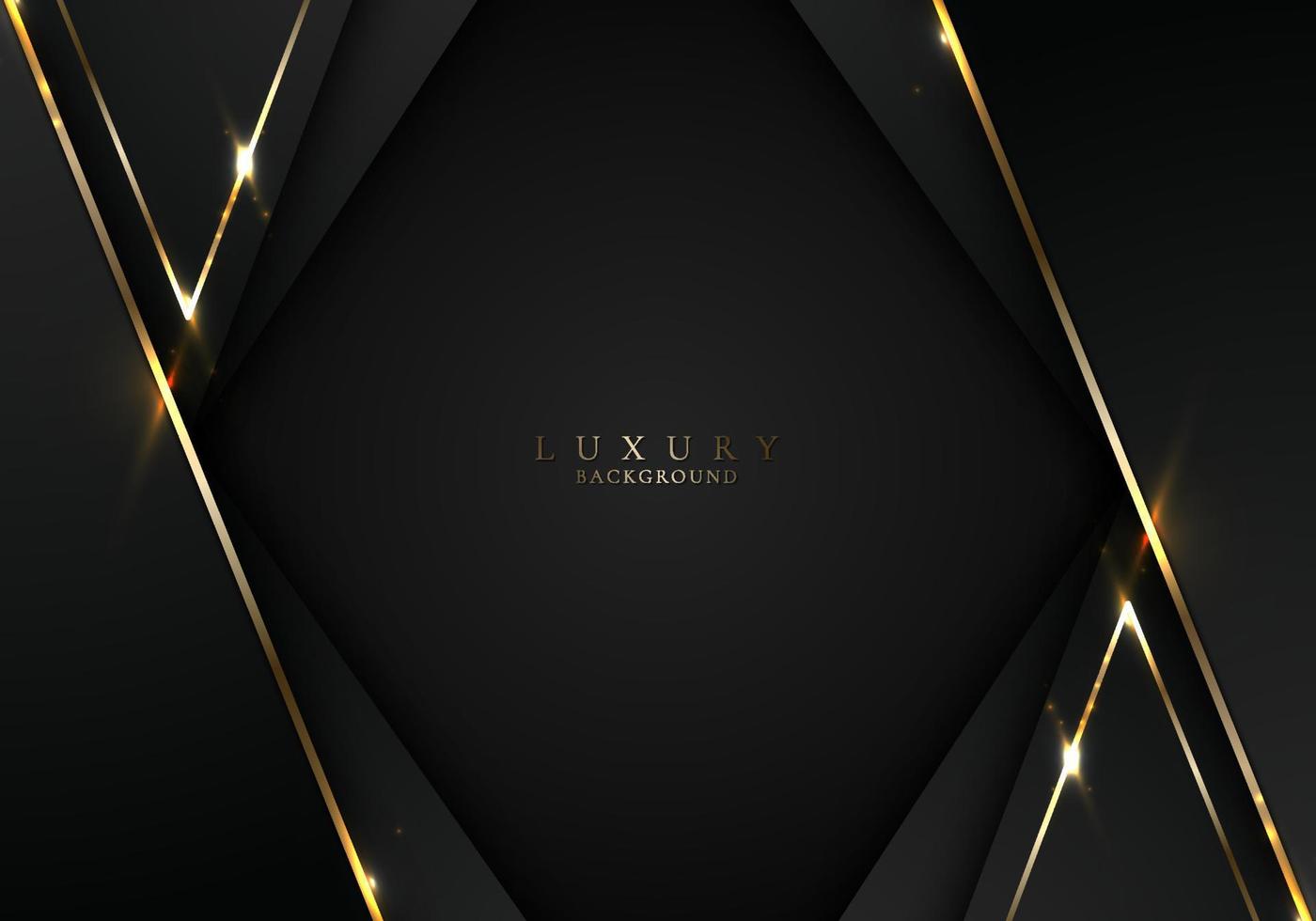Banner web elegant 3D abstract black stripes shapes with lighting shiny golden diagonal lines on dark background vector