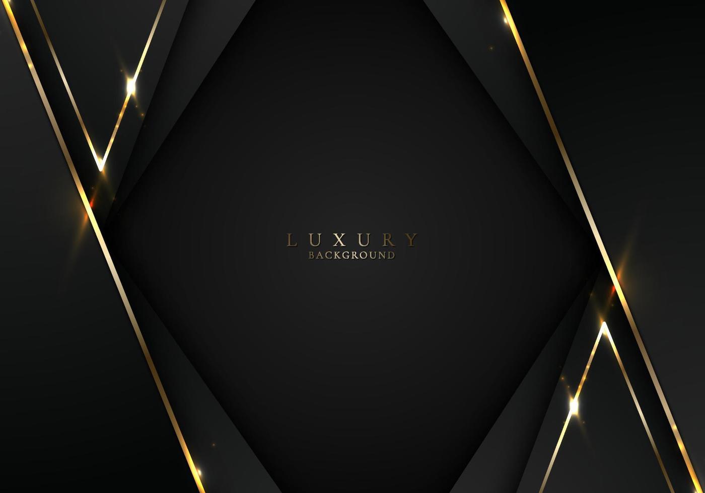 Banner web elegant 3D abstract black stripes shapes with lighting shiny golden diagonal lines on dark background vector
