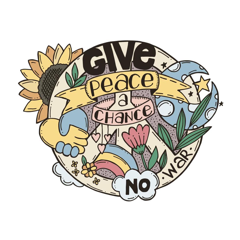 A symbol of peace with lettering and doodle elements. A hand-drawn doodle. Give peace a chance. No war in Ukraine. vector