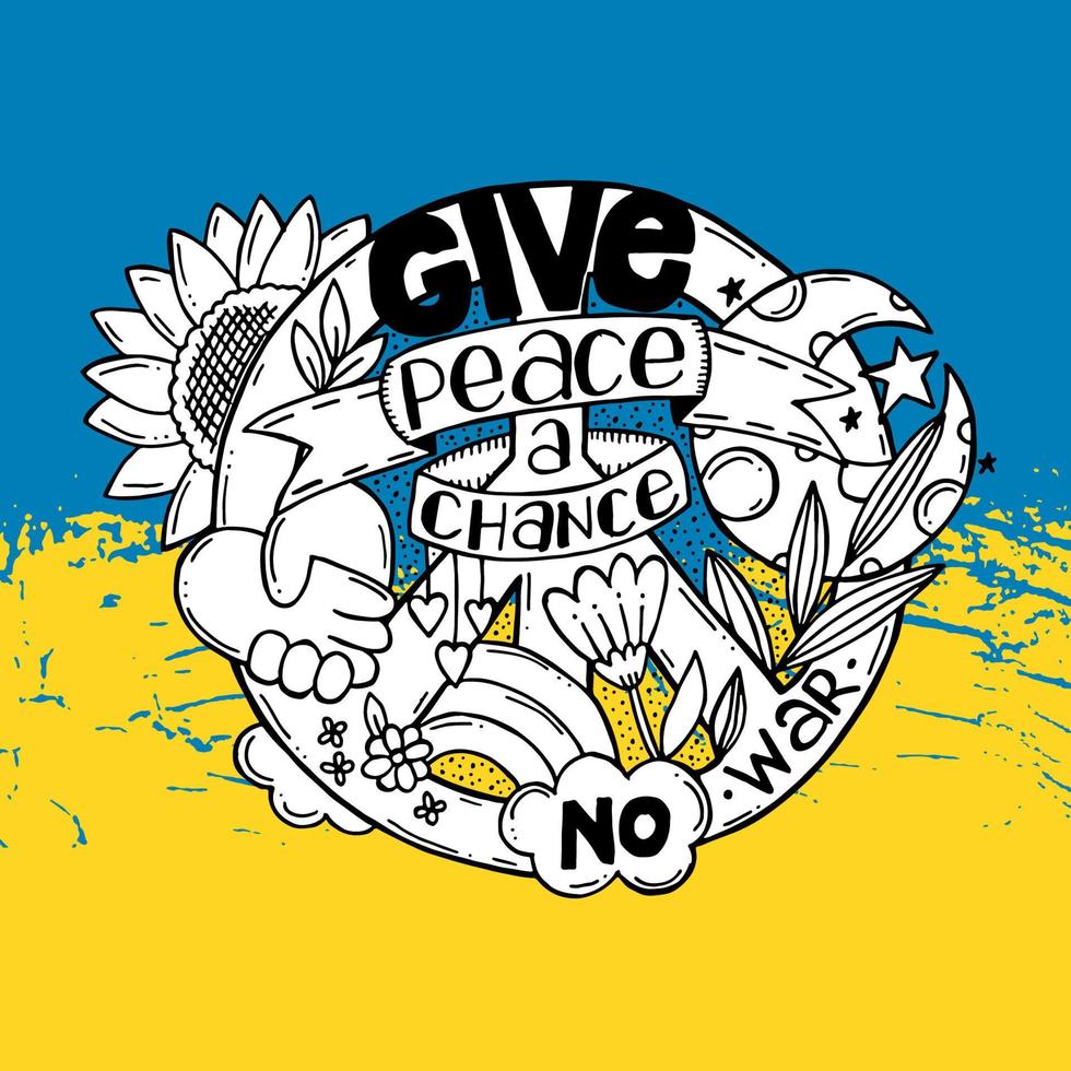 A symbol of peace with lettering and doodle elements. A hand-drawn doodle. Give peace a chance. No war in Ukraine. vector