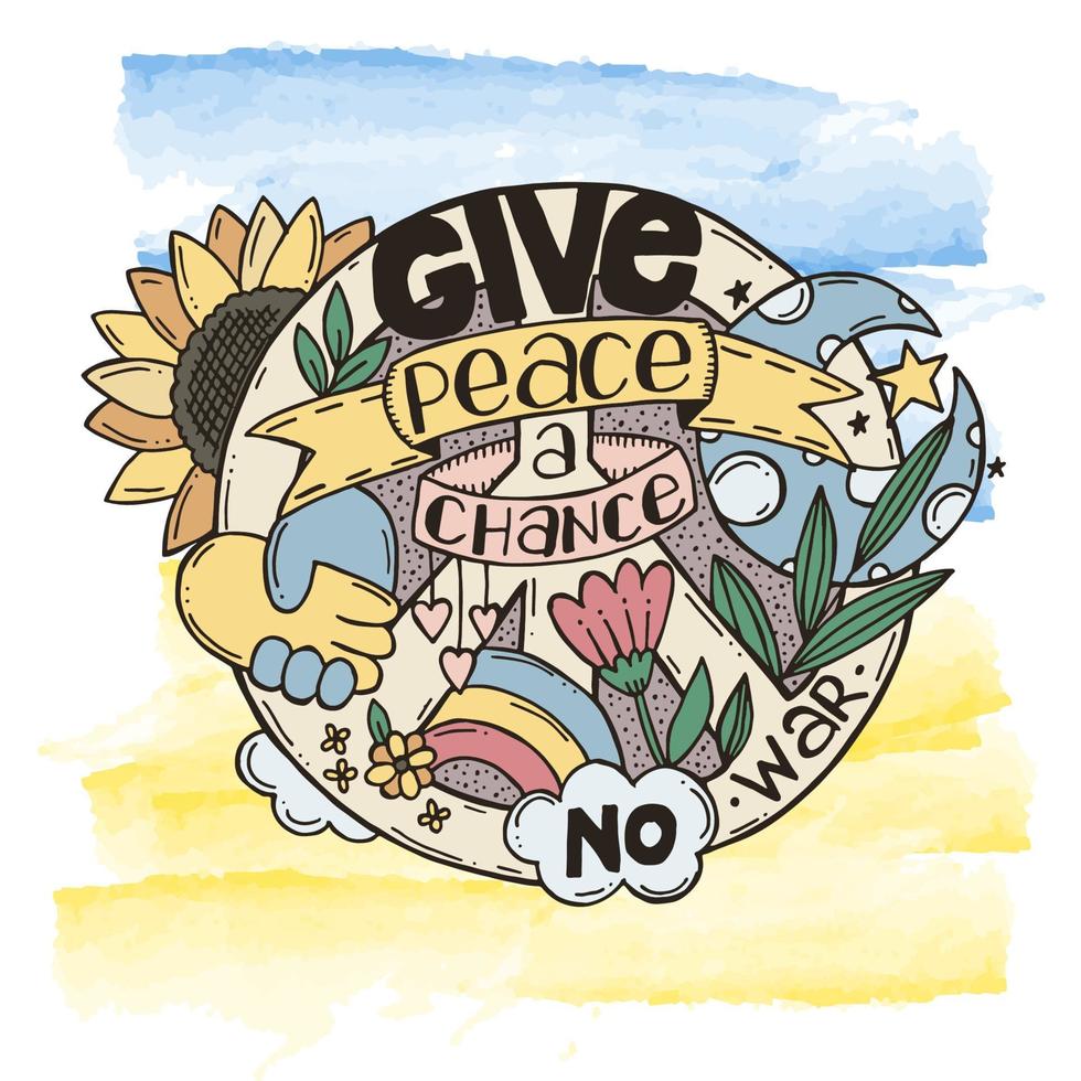 A symbol of peace with lettering and doodle elements. A hand-drawn doodle. Give peace a chance. No war in Ukraine. vector