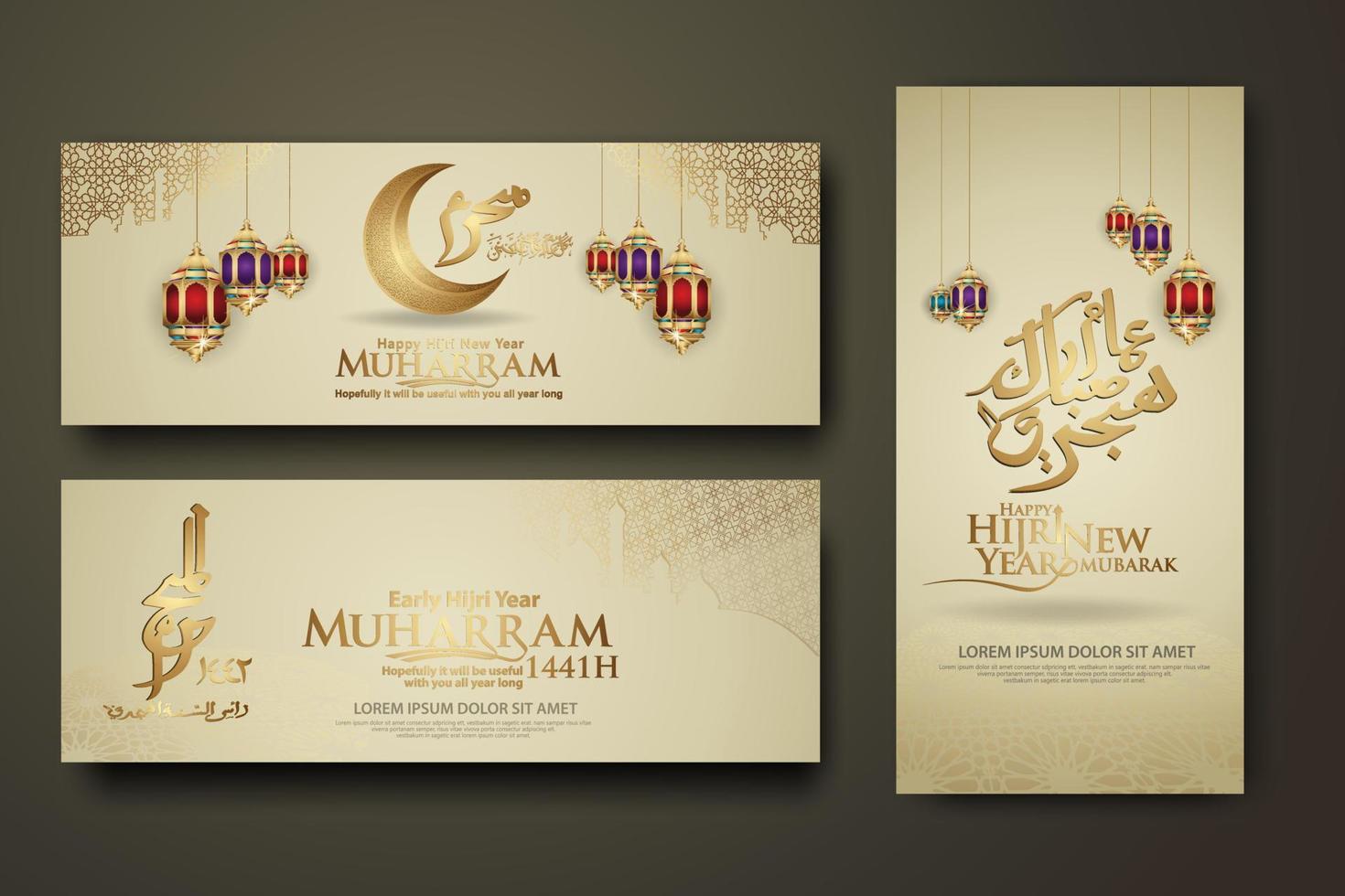 Luxurious Muharram calligraphy Islamic and happy new hijri year, set banner template vector