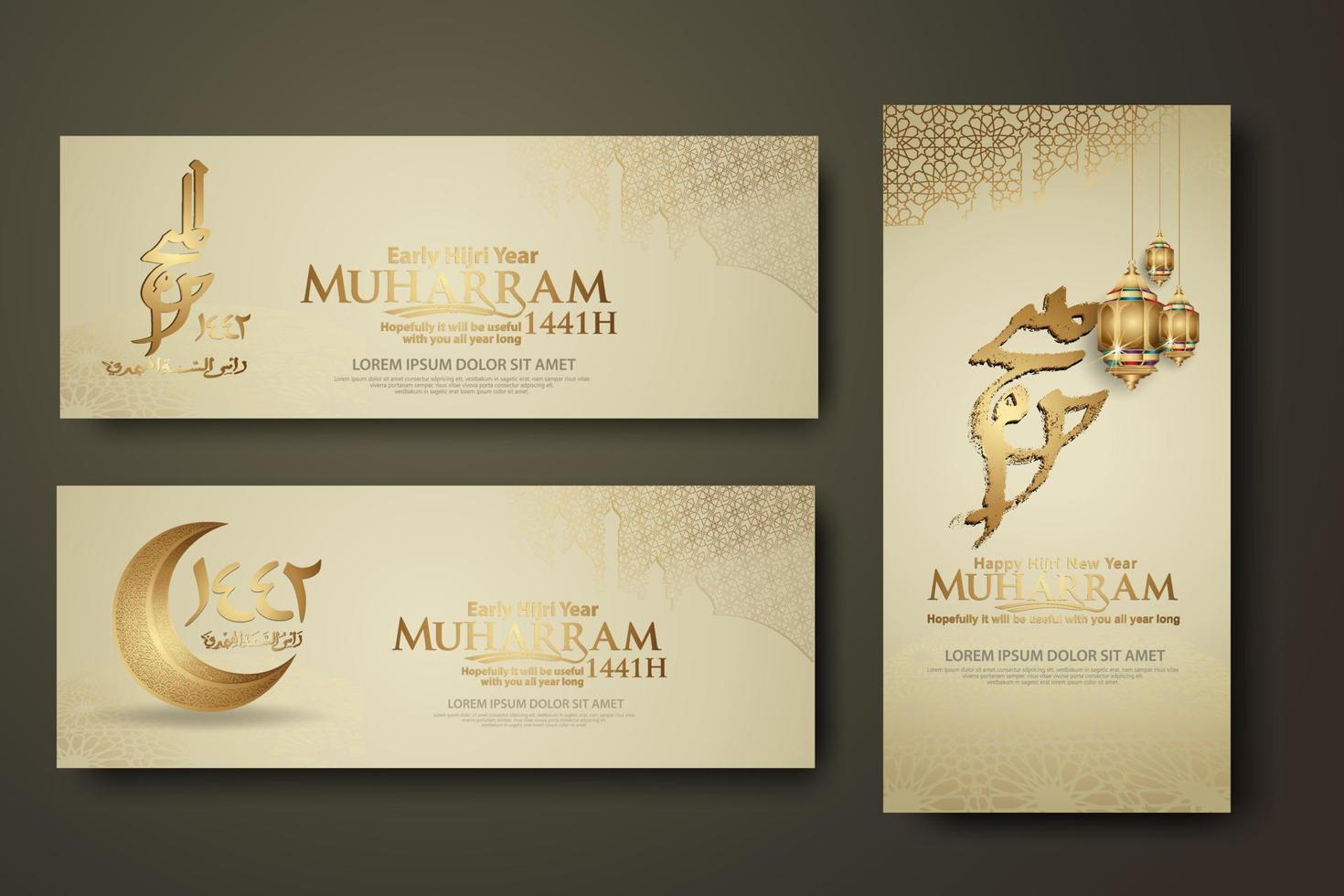 Luxurious Muharram calligraphy Islamic and happy new hijri year, set banner template vector