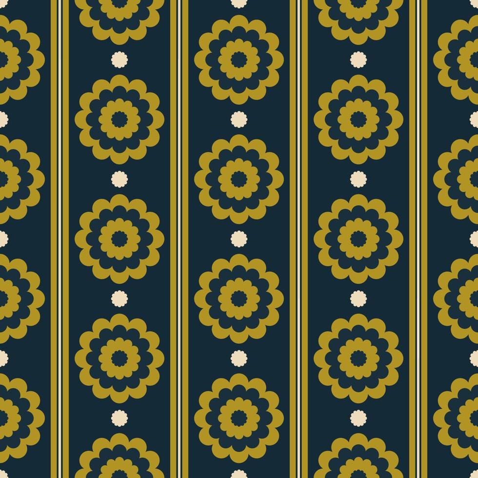 Ethnic dark green color flower stripes shape Scandinavian style seamless pattern on navy blue background. Use for fabric, textile, interior decoration elements, wrapping. vector