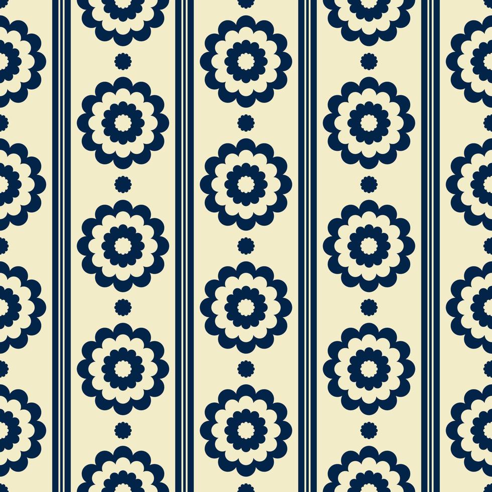 rayas de flores de color azul blanco étnico forman un patrón sin costuras de estilo escandinavo sobre fondo azul marino. uso para telas, textiles, elementos de decoración de interiores, envoltura. vector