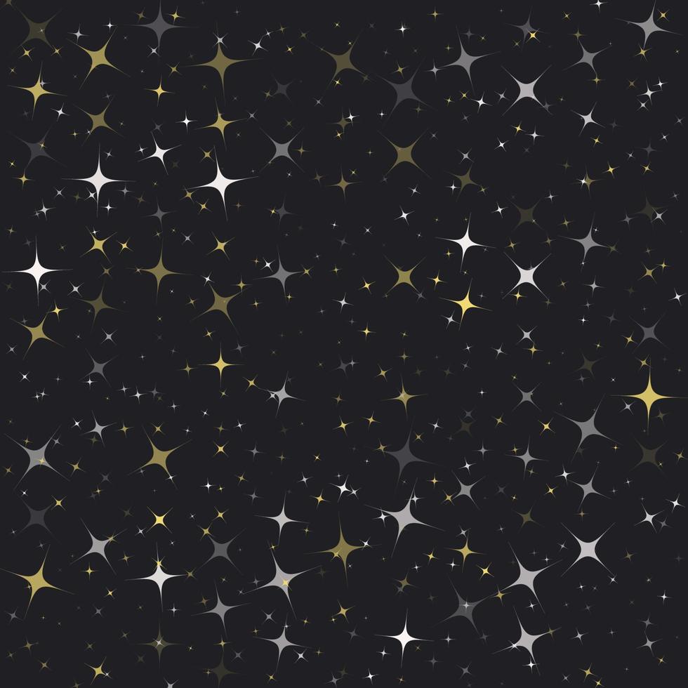 patrón sin costuras de estrella de brillo de brillo de color oro blanco aleatorio sobre fondo de cielo nocturno oscuro. plantilla para elementos de decoración festiva. vector