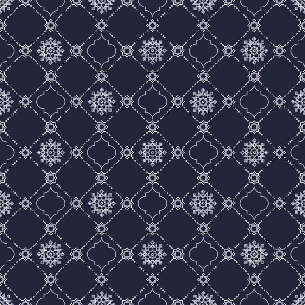 Islamic geometric star and quatrefoil shape grid seamless pattern blue grey color background. Batik sarong pattern. Use for fabric, textile, cover, interior decoration elements, wrapping. vector