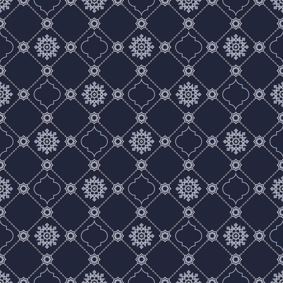 Islamic geometric star and quatrefoil shape grid seamless pattern blue grey color background. Batik sarong pattern. Use for fabric, textile, cover, interior decoration elements, wrapping. vector