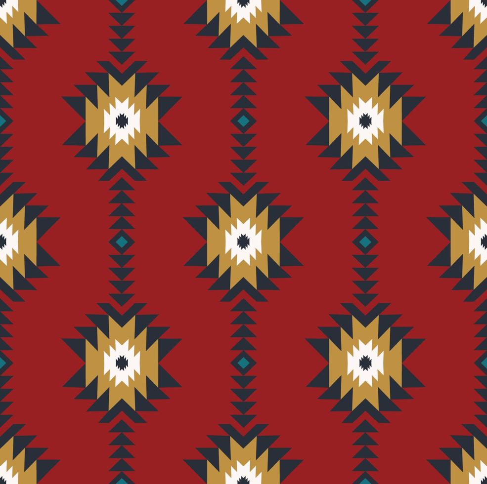 patrón sin costuras de forma geométrica tribal étnica colorida sobre fondo rojo. uso para telas, textiles, elementos de decoración de interiores, tapicería, envoltura. vector