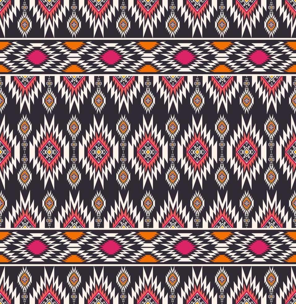 étnico tribal colorido rosa-naranja rombo forma cuadrada y patrón sin costuras de borde sobre fondo negro. uso para telas, textiles, elementos de decoración de interiores, tapicería. vector