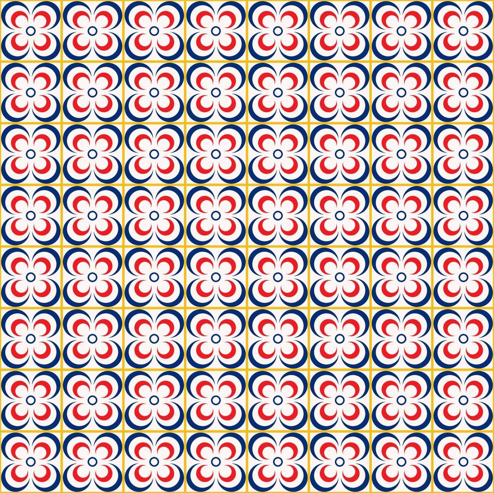 Geometric flower shape line grid seamless pattern blue red yellow color background. Simple Sino-Portuguese, Peranakan pattern. Use for fabric, textile, interior decoration elements, upholstery. vector