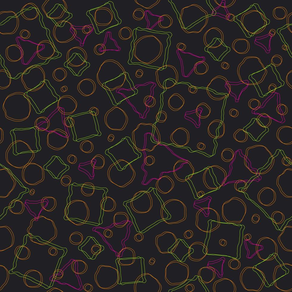 Abstract memphis irregular geometric random drawing strokes overlapping neon color on black seamless pattern background. Use for fabric, interior decoration elements, wrapping, template design. vector