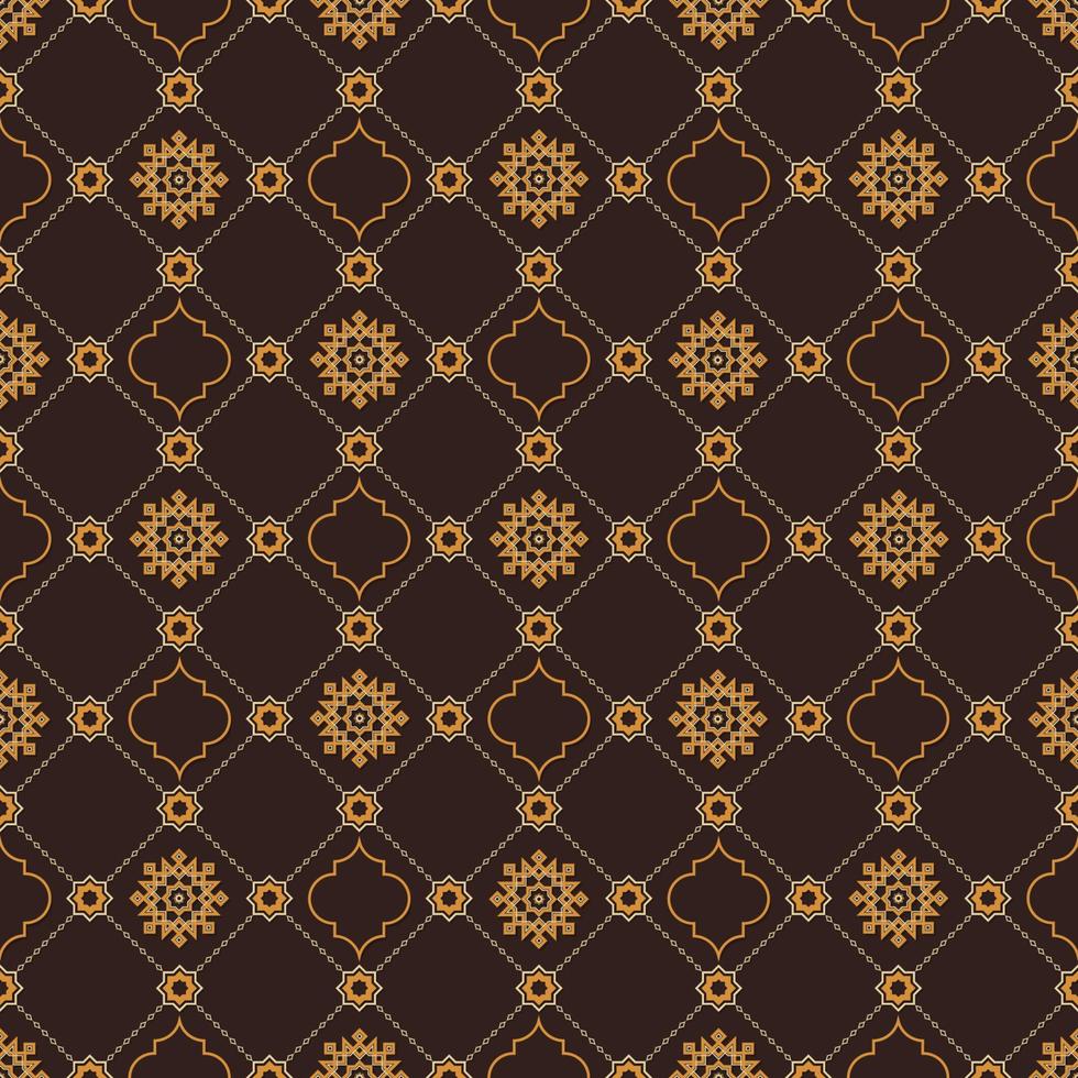 estrella geométrica islámica y cuadrícula de forma de trébol de cuatro hojas patrón sin costuras fondo de color marrón amarillo. patrón de pareo batik. uso para tela, textil, cubierta, elementos de decoración de interiores, envoltura. vector