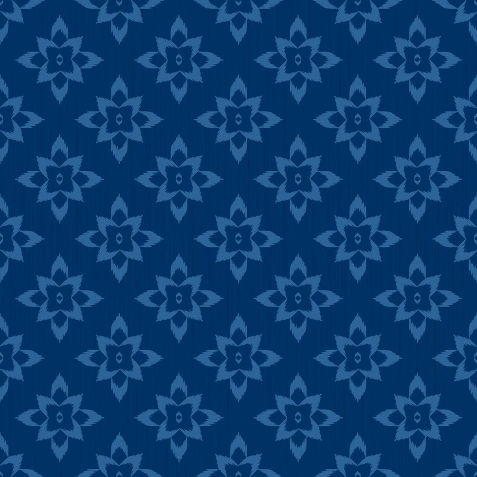 ikat batik forma de flor geométrica rejilla de patrones sin fisuras azul monocromo color textura de fondo. uso para tela, textil, cubierta, tapicería, elementos de decoración de interiores. vector