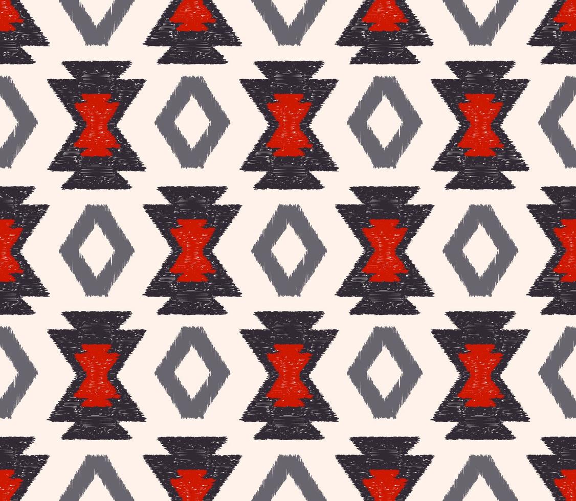 Ikat native aztec tribal rhombus geometric shape seamless background. Ethnic red-blue grey color pattern design. Use for fabric, textile, interior decoration elements, upholstery, wrapping. vector