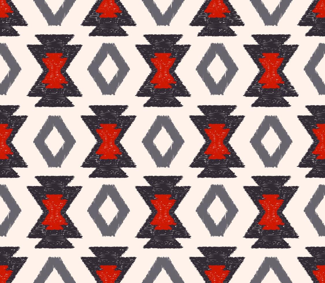 Ikat native aztec tribal rhombus geometric shape seamless background. Ethnic red-blue grey color pattern design. Use for fabric, textile, interior decoration elements, upholstery, wrapping. vector