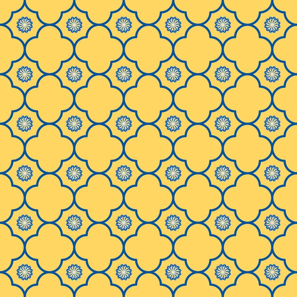 Geometric shape and small star flower grid seamless pattern yellow blue color background. Simple Sino-Portuguese or Peranakan pattern. Use for fabric, textile, interior decoration elements. vector