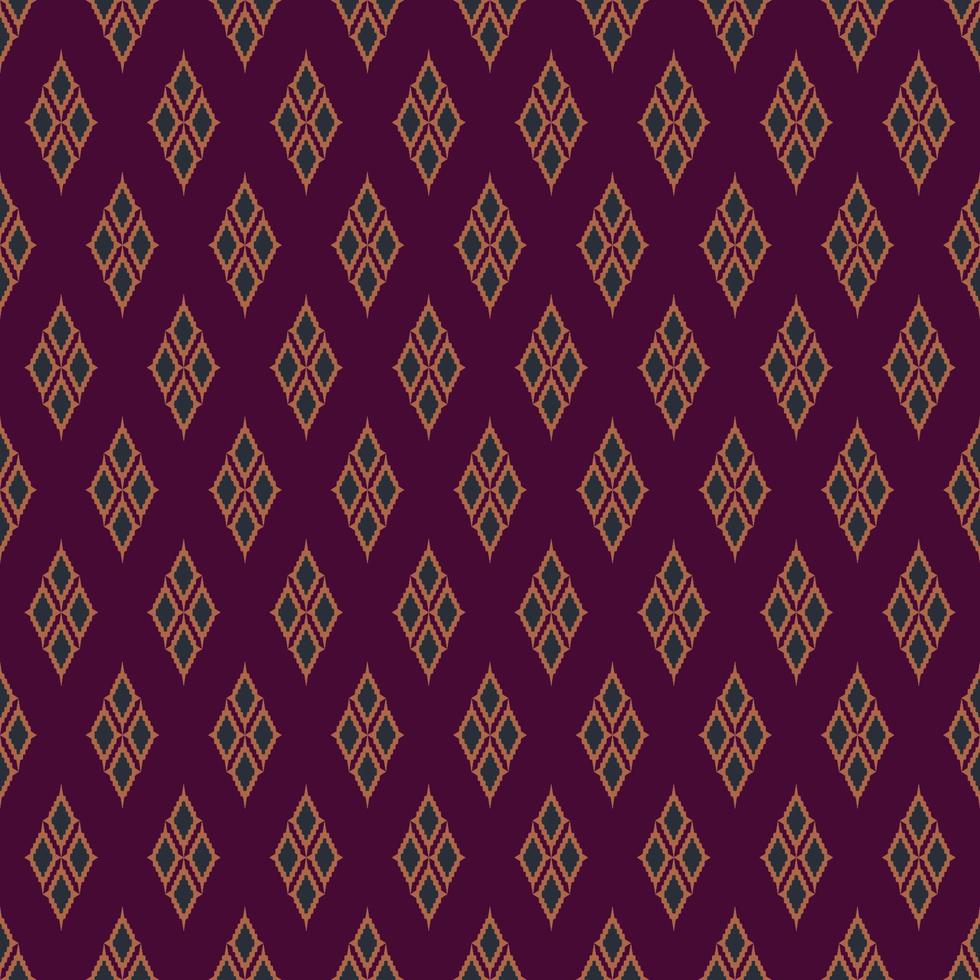 Ikat traditional purple - violet, green and gold color small geometric diamond shape seamless pattern background. Use for fabric, textile, interior decoration elements, wrapping. vector