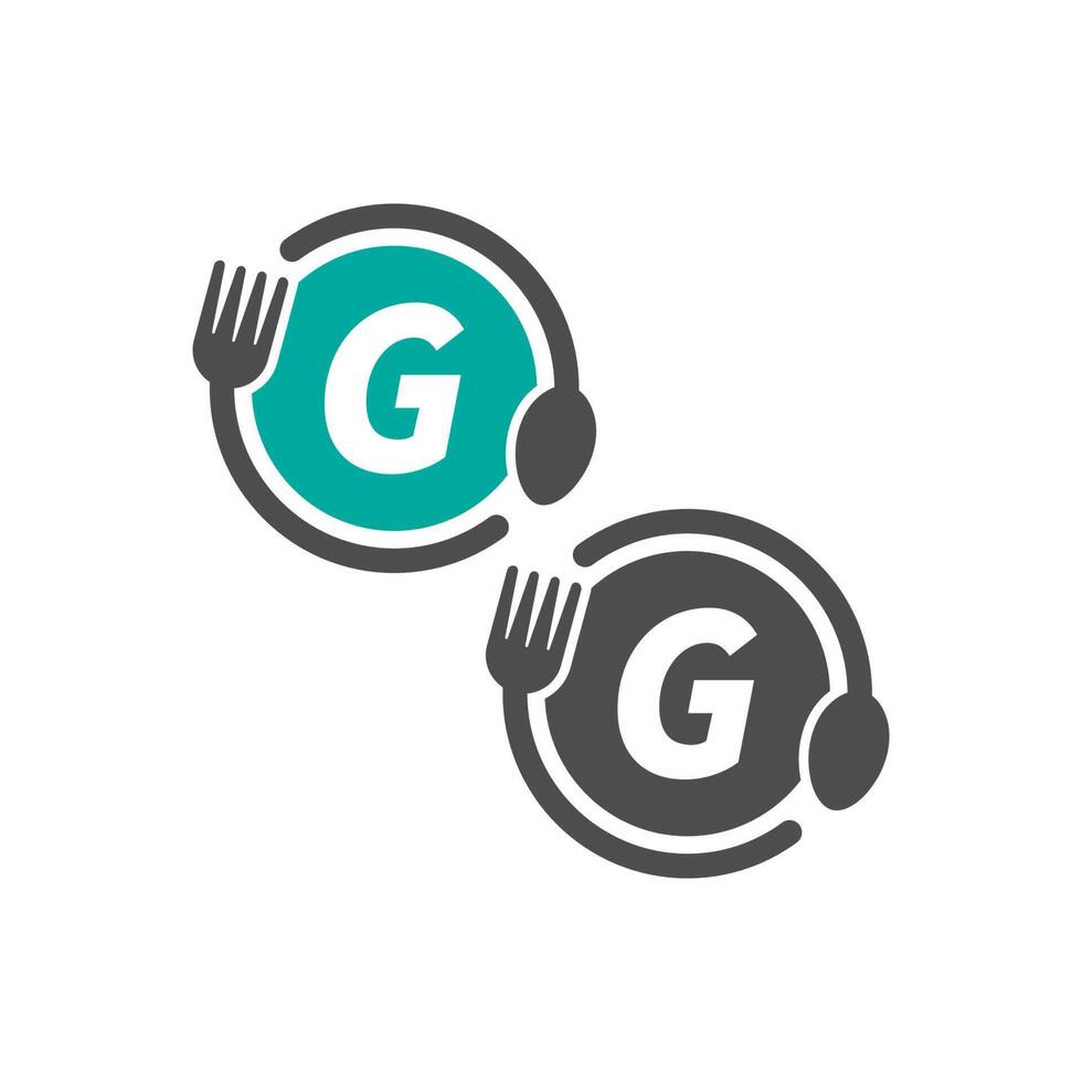 icono de tenedor y cuchara que rodea el diseño del logotipo de la letra g vector