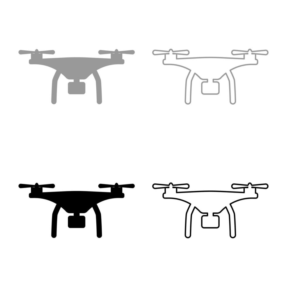 Drone with camera set icon grey black color vector illustration image solid fill outline contour line thin flat style