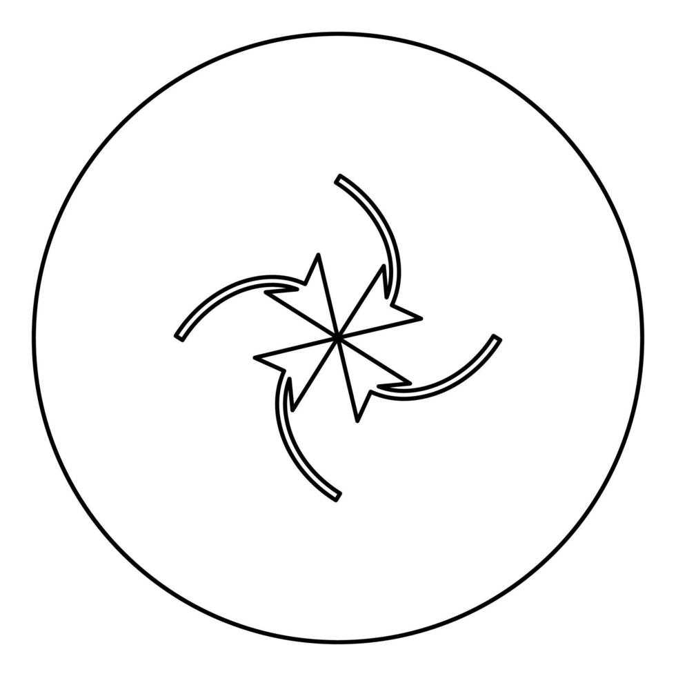 Four arrows in loop in center black icon outline in circle image vector