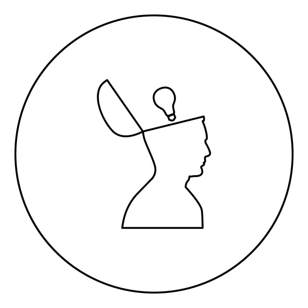 Man with lightbulb idea in open head black icon outline in circle image