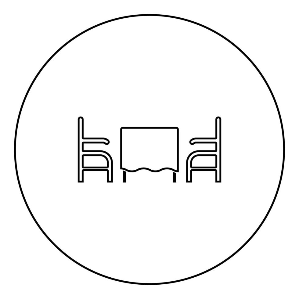 Table and two chair or armchair in restaurant black icon outline in circle image vector