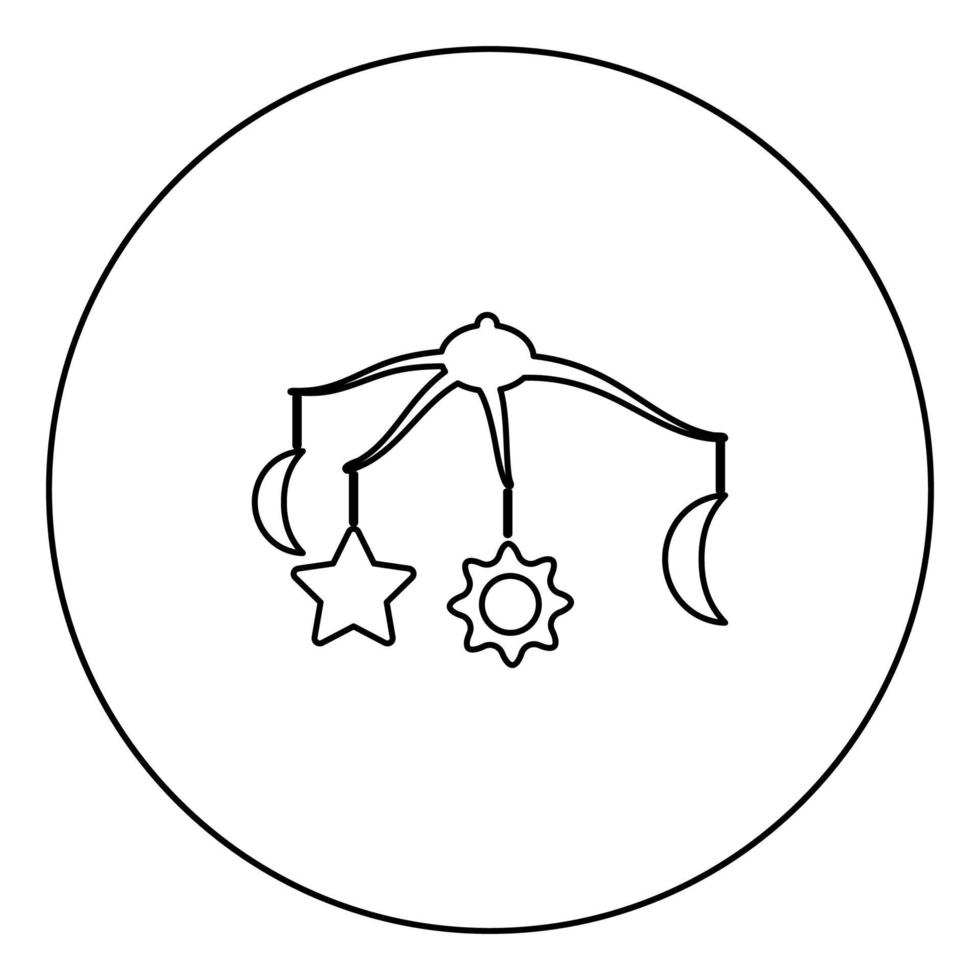360 degrees rotating hanging rattles baby black icon outline in circle image vector