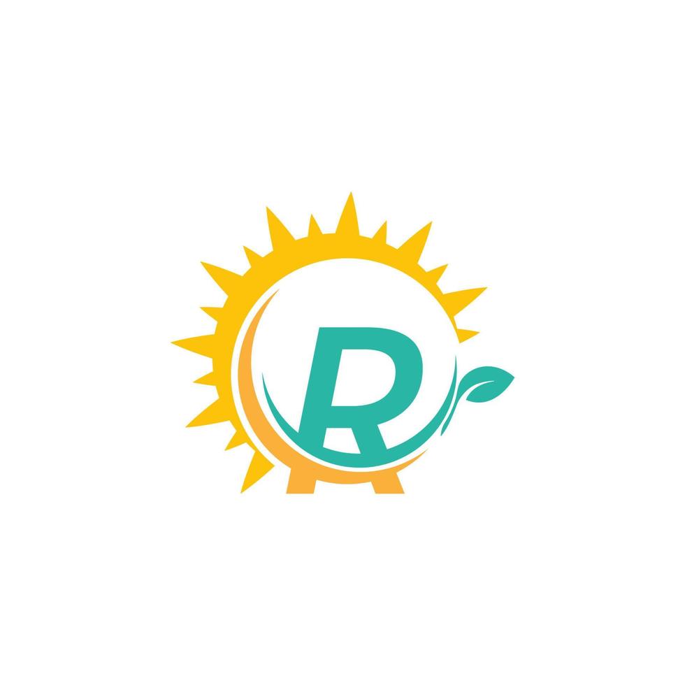 logotipo de icono de letra r con hoja combinada con diseño de sol vector