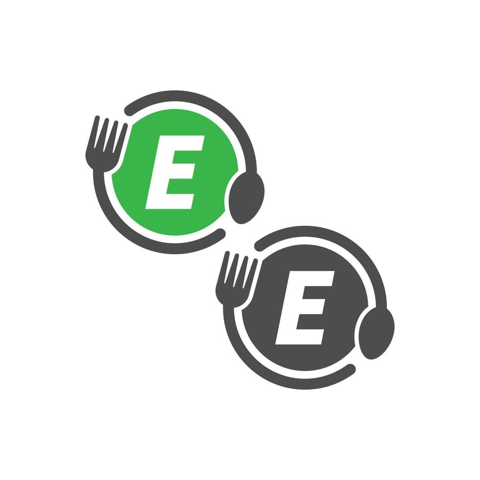 Fork and spoon icon circling letter E logo design vector