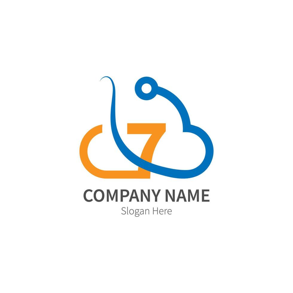 Number 7  combined with cloud technology icon logo vector