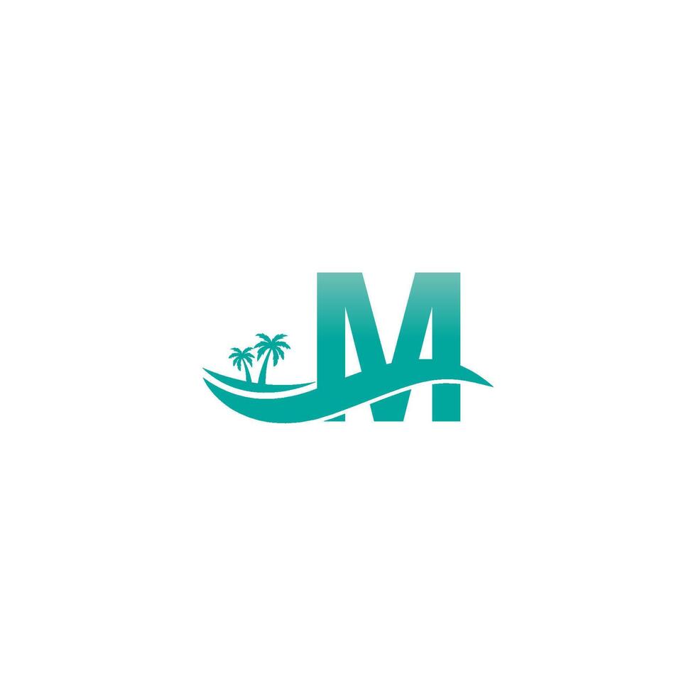 letra m logo cocotero y diseño de icono de onda de agua vector