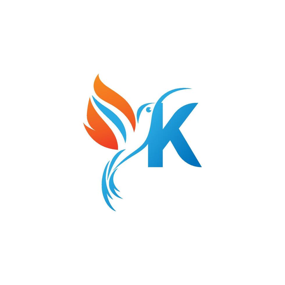 letra k combinada con el logotipo del icono del colibrí del ala de fuego vector