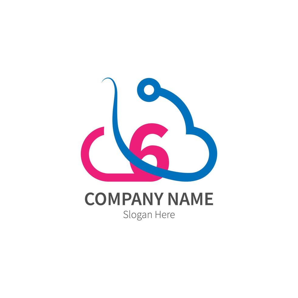 Number 6 combined with cloud technology icon logo vector