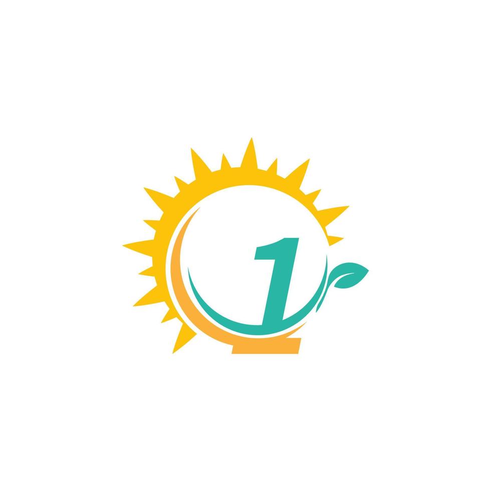 logotipo de icono número 1 con hoja combinada con diseño de sol vector