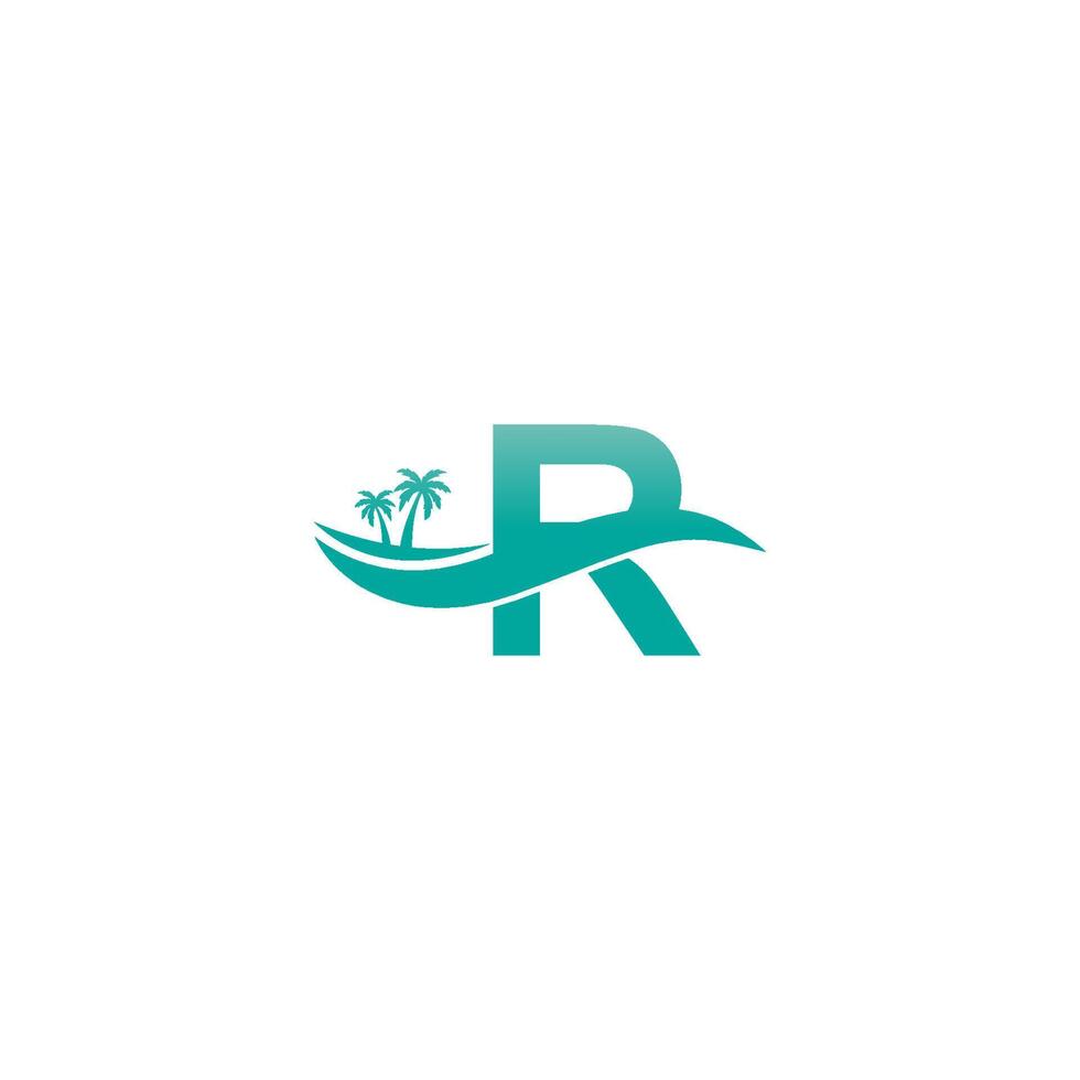 letra r logo cocotero y diseño de icono de onda de agua vector