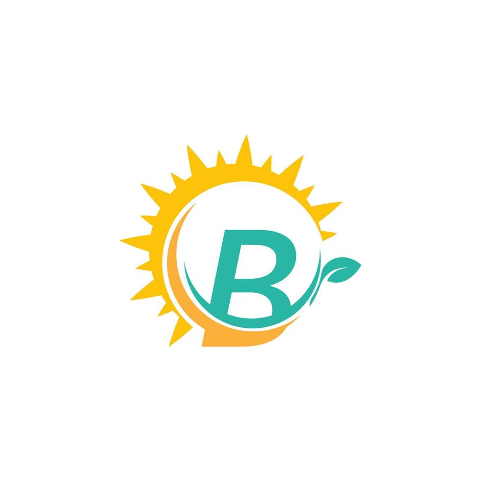 logotipo de icono de letra b con hoja combinada con diseño de sol vector
