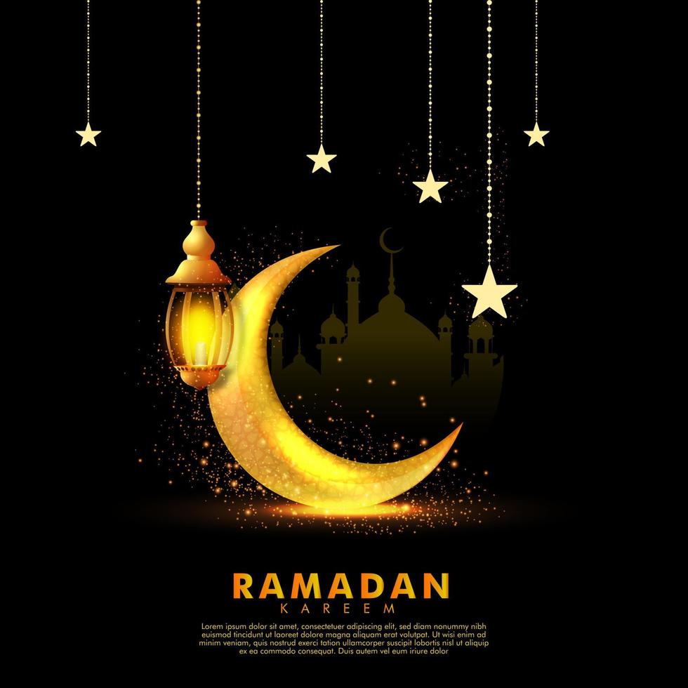 Golden ramadan kareen festival card with lanterns and crescent moon vector