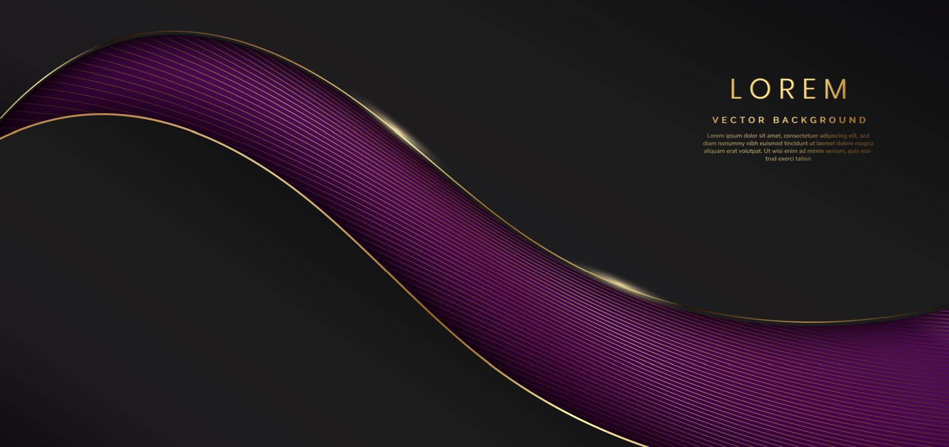 Elegant black background curved shape with golden shiny curve pattern, deep with elegant violet. Luxury style with copy space for tex. vector