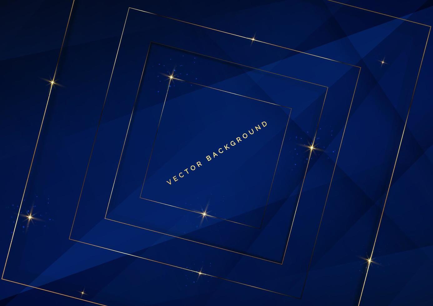 3D Dark blue luxury background with glowing golden square border lines with sparkles with copy space for text. vector