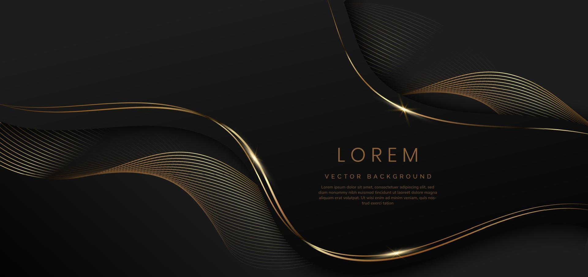 Abstract 3d black background with gold lines curved wavy sparkle with copy space for text. Luxury style template design. vector