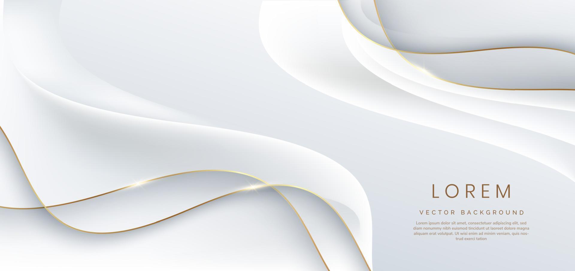 Abstract 3d white background with gold lines curved wavy sparkle with copy space for text. Luxury style template design. vector