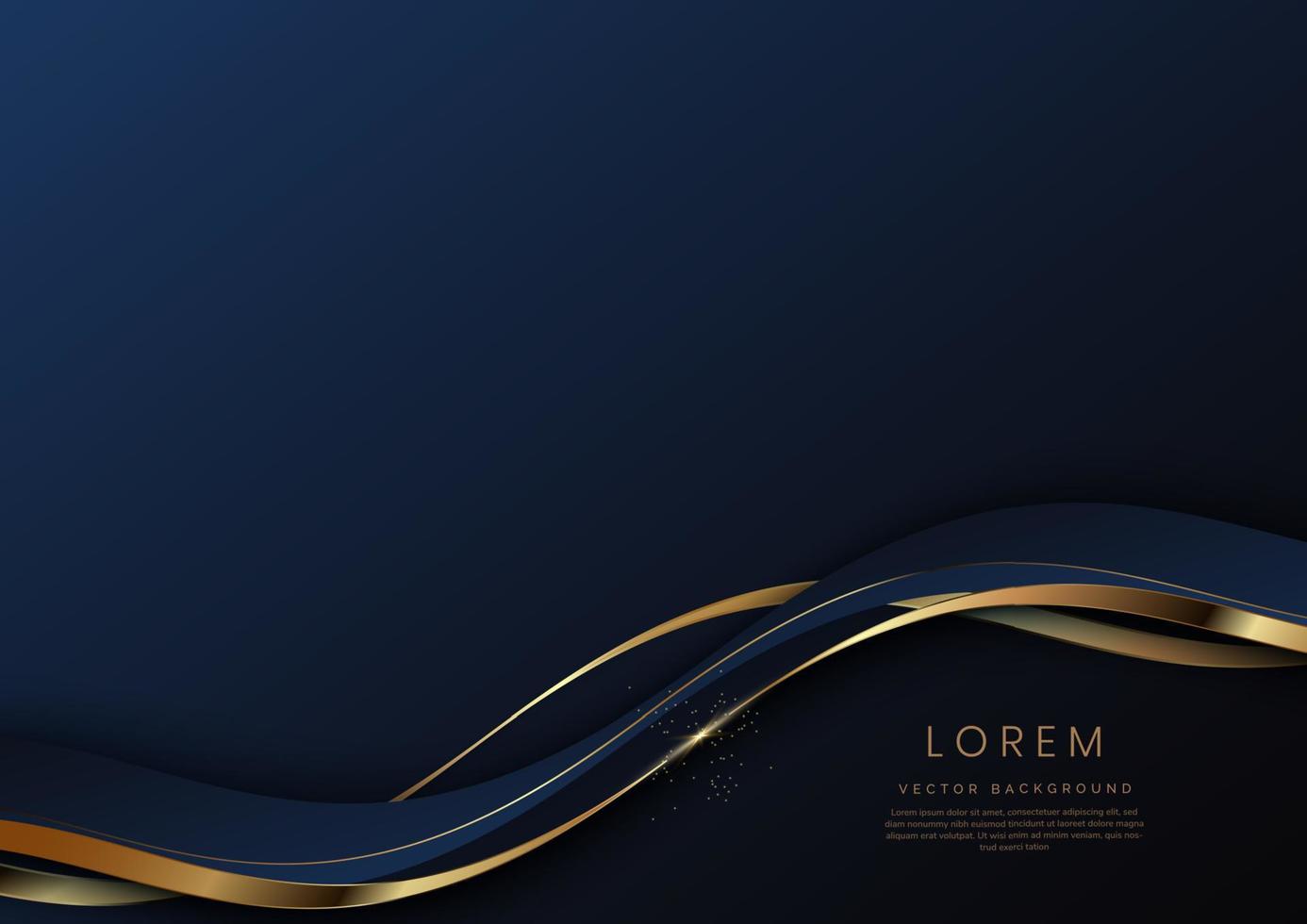 Abstract 3d dark blue background with ribbon gold lines curved wavy sparkle with copy space for text. Luxury style template design. vector