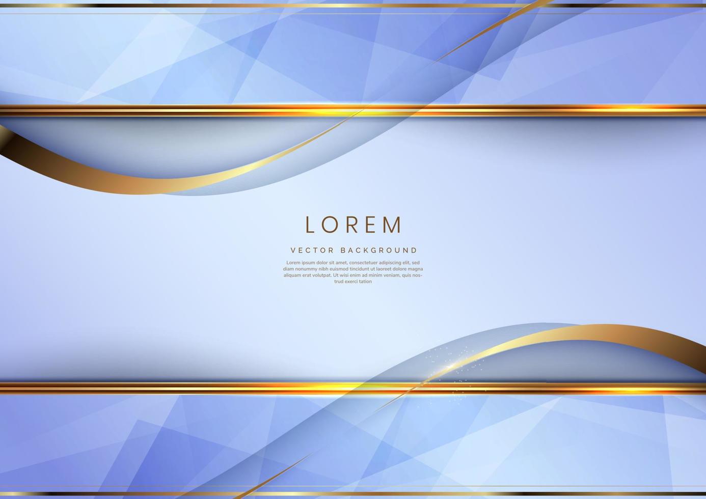 Abstract 3d white and gold curved ribbon on light blue background with lighting effect and sparkle with copy space for text. Luxury design style. vector